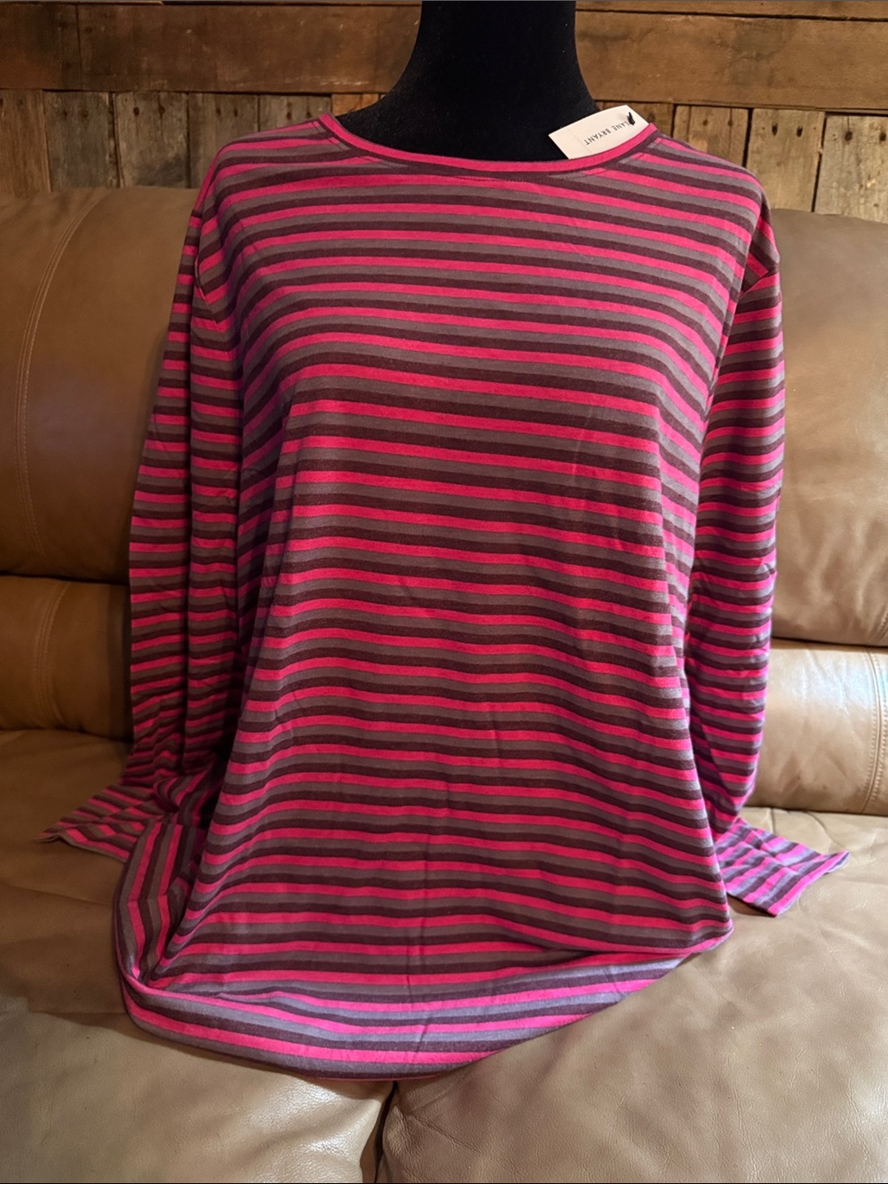 Lane Bryant Pink & Gray Striped Long Sleeve Tee